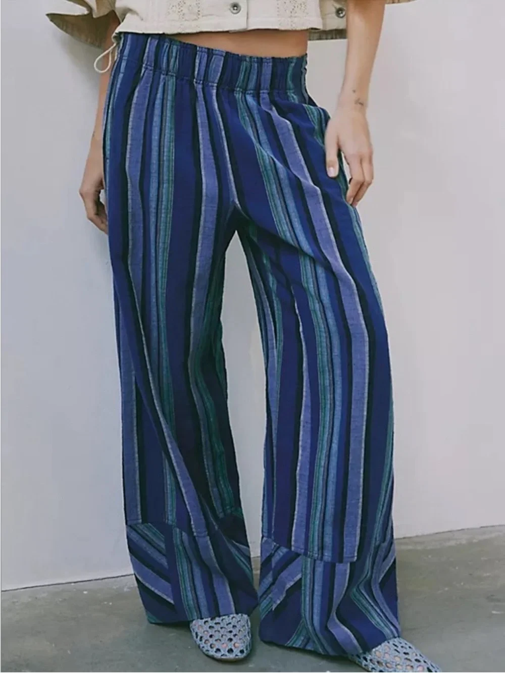 Free People Day's End Linen Striped Pull-On Pants in Blue NWT